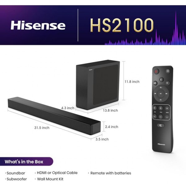 Hisense 2.1 CH 240W Soundbar / Sound bar HS-2100 - DTS Virtual X, Subwoofer, HDMI ARC, Bluetooth , Black 2