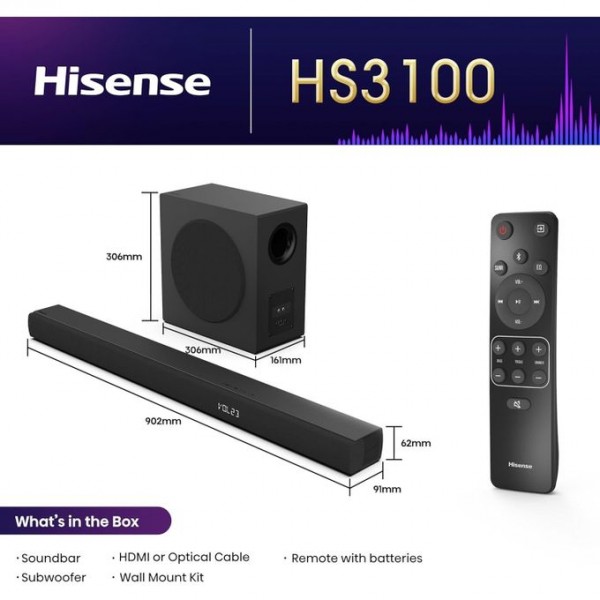 Hisense Soundbar HS3100-6 speaker surround sound system, 480W Total Output Power,6.5”Wireless subwoofer, Rear surround speakers, Dolby Digital Plus and DTS Virtual-X, EzPlay and Bluetooth 5.3 -Black 2